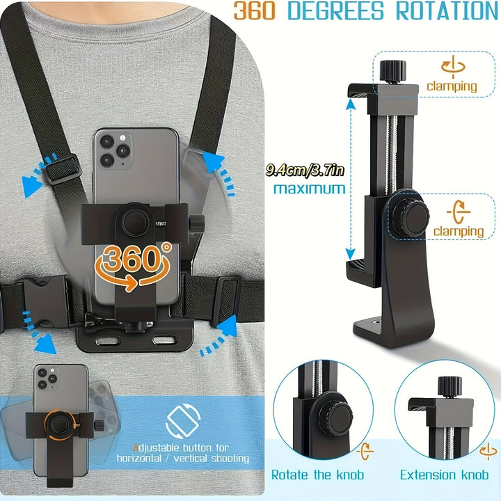 360 Degree Rotatable Phone Holder Harness, Adjustable Mobile Mount Chest Strap for Running, Cycling, Video Recording - Durable Polyamide Motorcycle Phone Support with Quick Release Interface