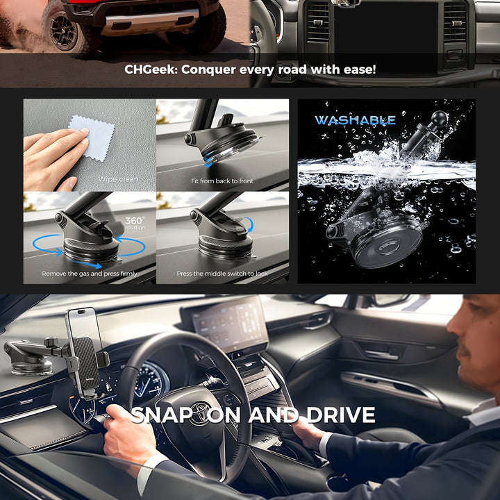 CHGeek 3-in-1 Wireless Car Charger, Car Phone Holder, 15W Fast Charge -Dashboard/Vent/Desktop, Universal Phone Clamp For IPhone & Android (No Slip! 30-Min Quick Install)