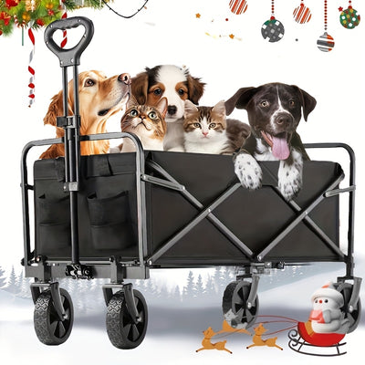 Collapsible Folding Wagon Cart, Large Capacity Camping Wagon, All Terrain Foldable Pet stroller, Heavy Duty Utility Wagon Cart for Grocery Outdoor Beach Gardening Shopping Pet outings Fishing Black, Perfect Christmas Gift
