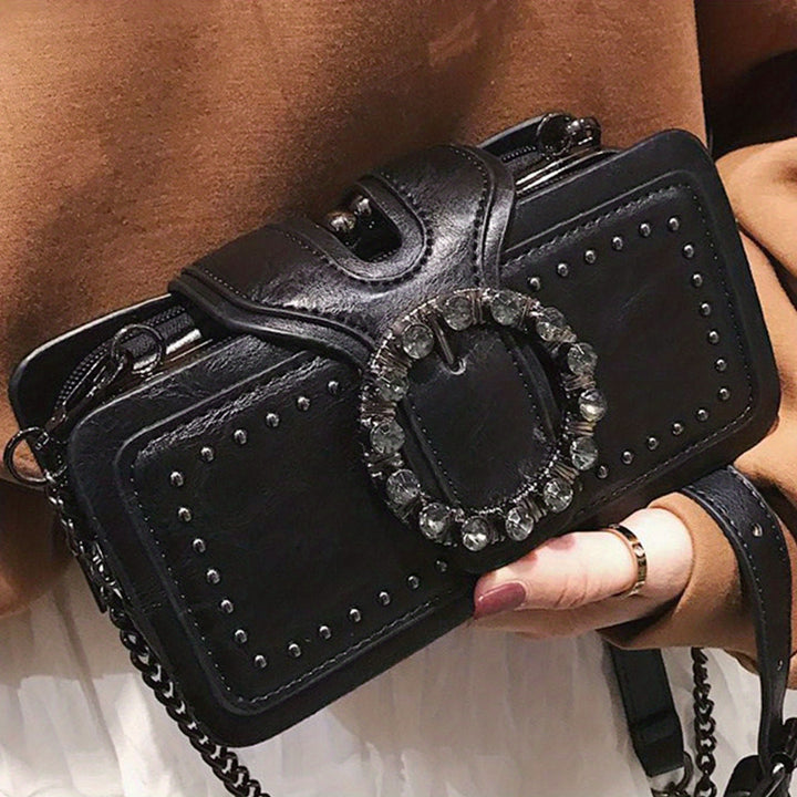 Retro Black Multi-layer Clutch Bag - Rivet Motorcycle Chain Shoulder Bag for Mobile Phone - Small Square Bag