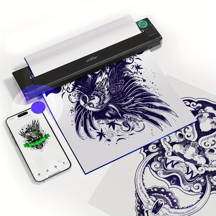 Peripage P90 Tattoo-Schablonendrucker Tattoo-Drucker Thermodrucker für DIY-Tattoos, Valentinstagsgeschenk Mini tragbarer Drucker, kompatibel mit Smartphone und PC, iOS, Android, mit 5 Stück A4 Tattoo-Papier