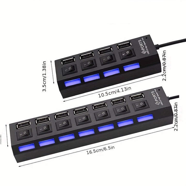 WHXMSH High-Speed USB 2.0 Hub - Expand Your Device's Connectivity with 4/7 Ports, LED Indicator Switches, Compact & Lightweight Design for PC & Laptop - Black