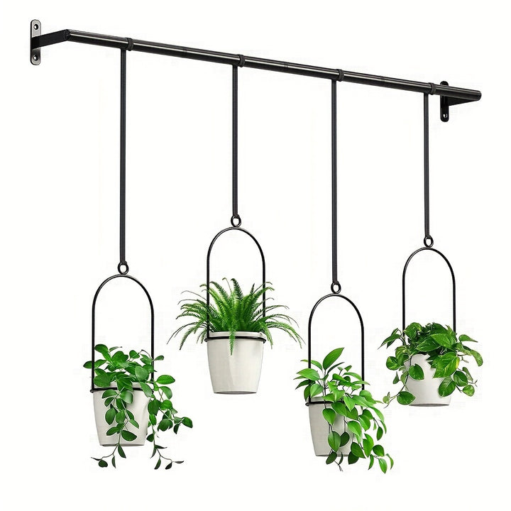 1 Set Metall verstellbare hängende Pflanzgefäße mit 4 Stück Kunststofftöpfen, Schiene für Indoor-Fenster- und Deckenkräutergarten, Wandpflanzenhänger mit Nylonkordeln, 11,8" - 18,1" Breite erweiterbare Schubladen für Töpfe und Pfannen, Küchen-Ausziehregal