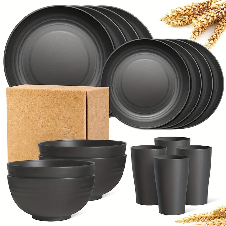 Premium straw tableware set, 16 unbreakable tableware sets, microwave and dishwasher safe, black set of 8 plates, 4 bowls, 4 cups.