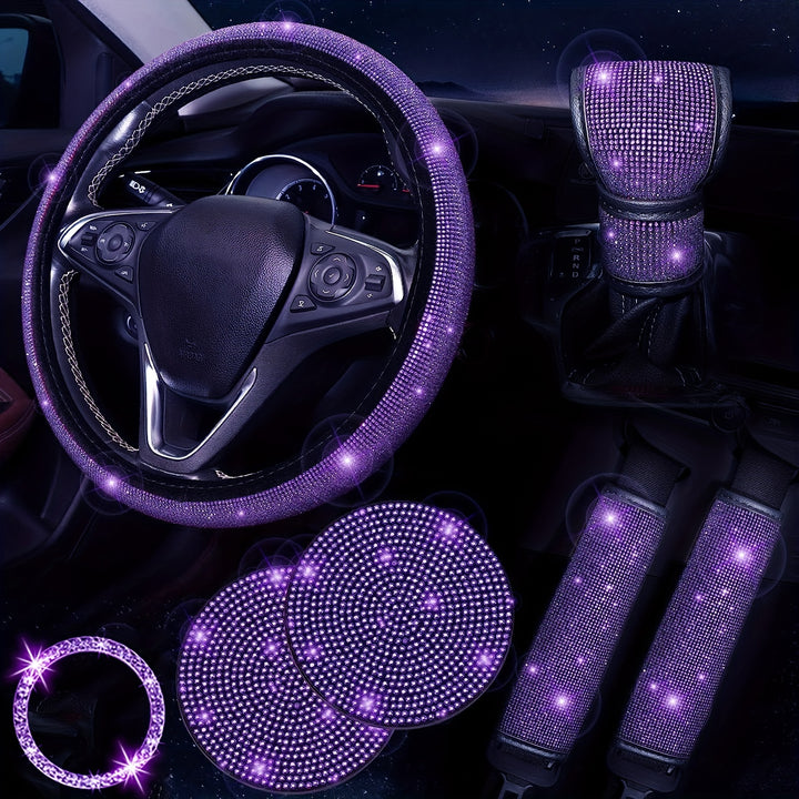 Bling Car Accessories for Women, Bling Steering Wheel Cover Bling Car Coasters Bling Set Seat Belt Shoulder Pads Ring Emblem Sticker Gear Shift Cover