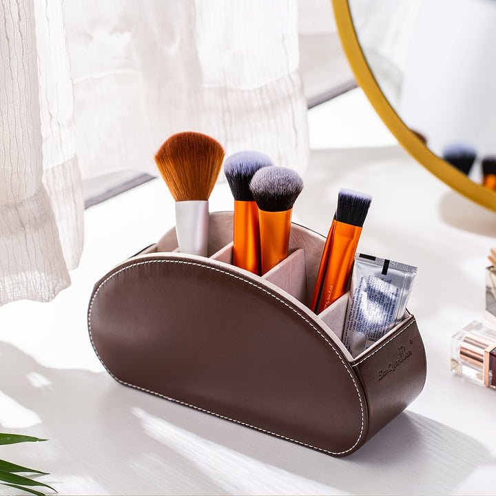 [5 Grid Partition Storage Box] Storage Box For SANQIAWNAN5 Grid Partition PU Remote Control Holder, Multifunctional Desktop Storage Box, Storage For TV Remote Control, Media Equipment Remote Control, Pen Holder, Brush Holder,