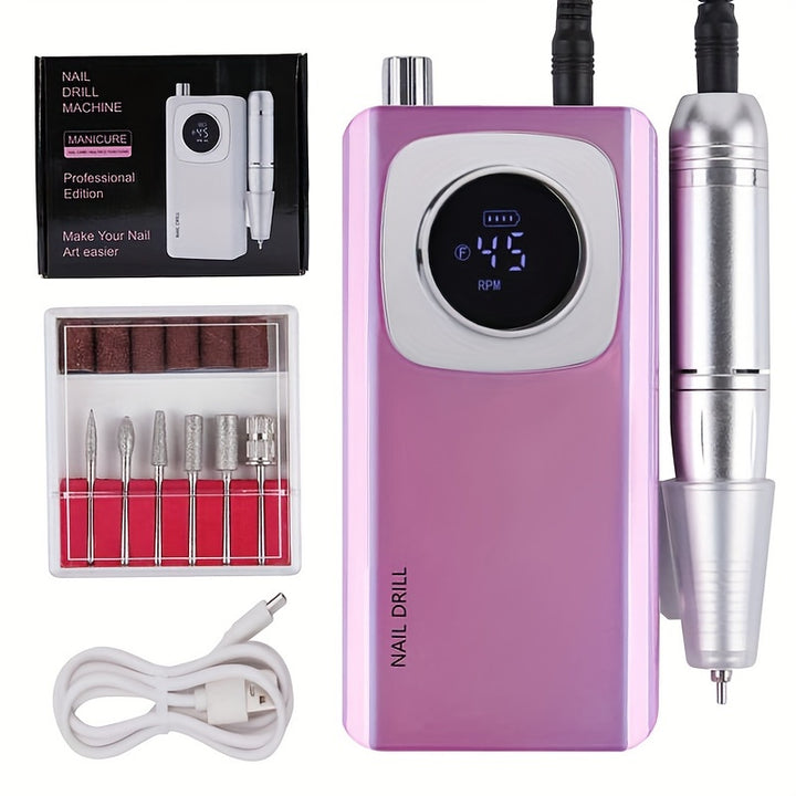 Tfscloin Professional Electric Nail Drill Kit - 45,000 RPM, USB Rechargeable for Perfect Acrylic & Gel Nails - Includes Digital Display & Manicure Tools in Pink, Purple, White - Ideal for Nail Repair, Salon & Home Use, Nail T