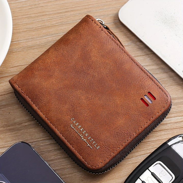 Men's Zipper Short Wallet, Multi-card Card Holder, PU Leather Bifold Wallet Money Clip With Coin Pocket, Gift For Men