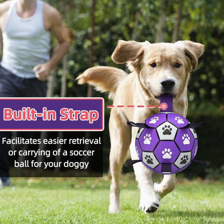 Purple and Black Durable Rubber Interactive Dog Soccer Ball Toy - Paw Print Design, Straps for Tug-of-War, Ideal for Small to Large Breeds, Indoor & Outdoor Play