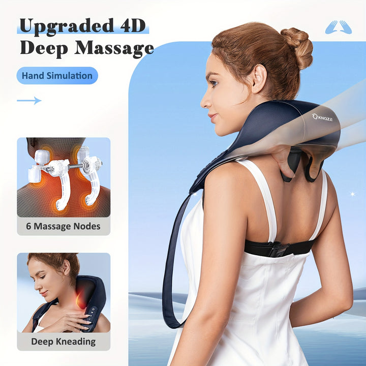 [4D Deep Kneading] KNQZE Cordless Shiatsu Neck & Shoulder Massager - 4D Deep Kneading, 6 Massage Nodes, Heat, Rechargeable 2200mAh Battery - Ideal for Neck, Back, Leg Relaxation for Men & Women