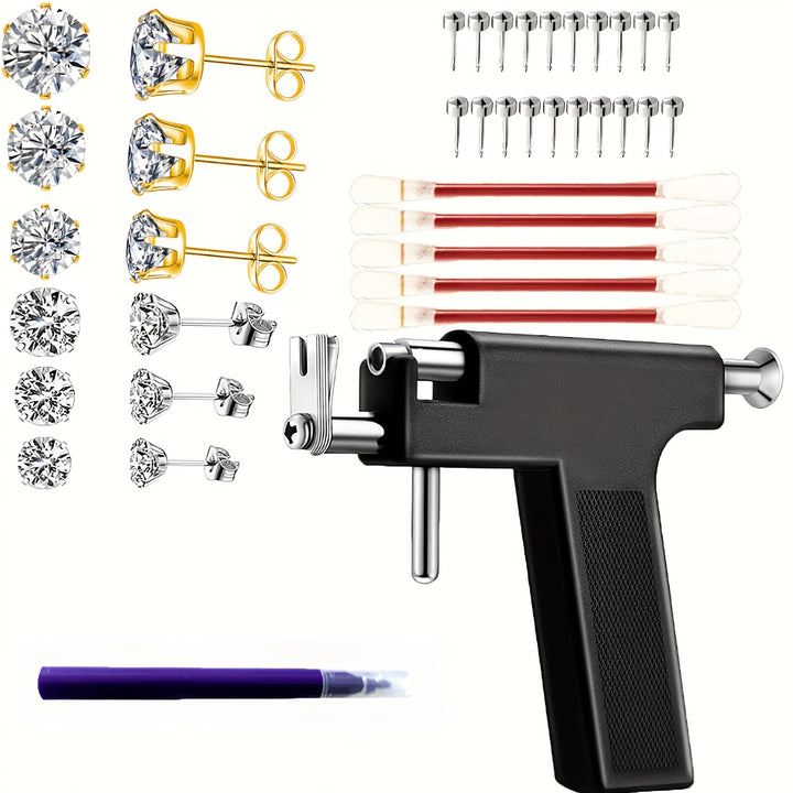 [16 Pairs Hypoallergenic Ear Piercing Gun] Professional Ear Piercing Gun Kit Reusable for Body Nose Lip Piercing with 16 Pairs Hypoallergenic Earrings