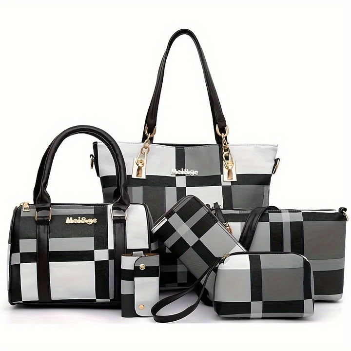 Large Capacity 6pcs/set Checkered Pattern Bag - Shoulder, Crossbody, Clutch, Long & Short Wallet