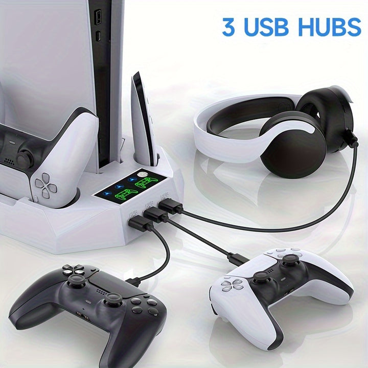 [Dual Charging PS5 Stand Station] PS5 Stand and Cooling Station with Dual Controller Charging Station for Playstation 5 Console, PS5 Accessories Incl. Controller Charger, Cooling fan, Headset holder, 3 USB Hub, Media Slot, Sc