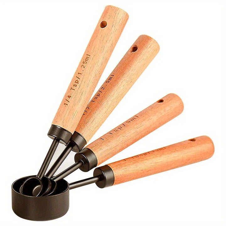 [8pcs Stainless Steel Measuring Cup] 8pcs Stainless Steel Measuring Cup And Spoon Set | Acacia Wooden Handle For Dry Goods And Liquid Ingredients, Baking Tools DIY, Seasoning Spoon Take Powder Spoon Coffee Spoon