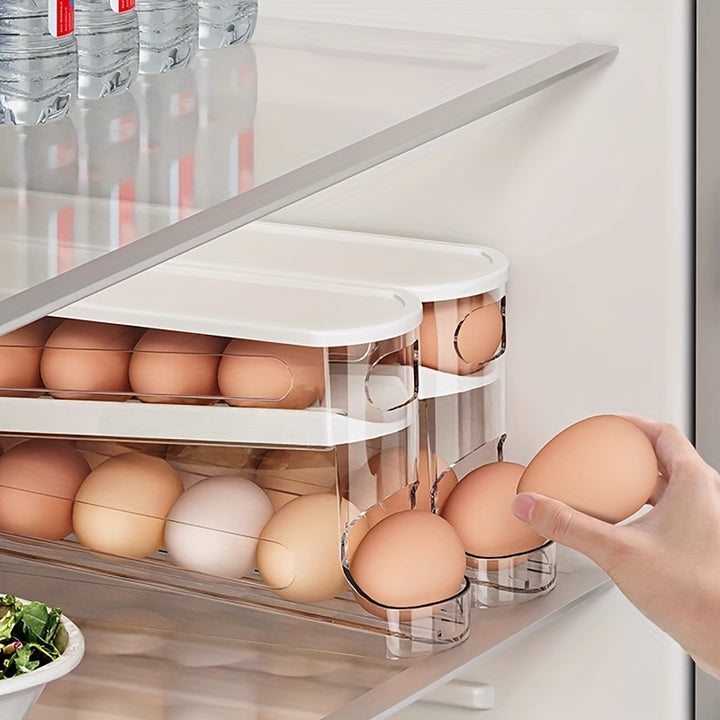 Automatic Egg Storage Box for 12-14 Eggs with a Double-Layer Sliding Design - a Fresh Egg Organizer with a Flip Cover
