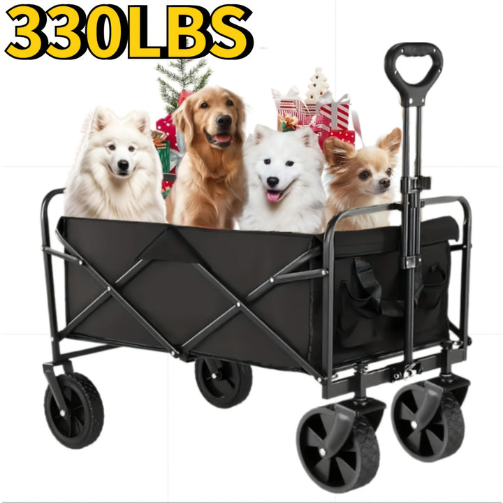 Collapsible Folding Wagon Cart, Large Capacity Camping Wagon, All Terrain Foldable Pet stroller, Heavy Duty Utility Wagon Cart for Grocery Outdoor Beach Gardening Shopping Pet outings Fishing Black, Perfect Christmas Gift