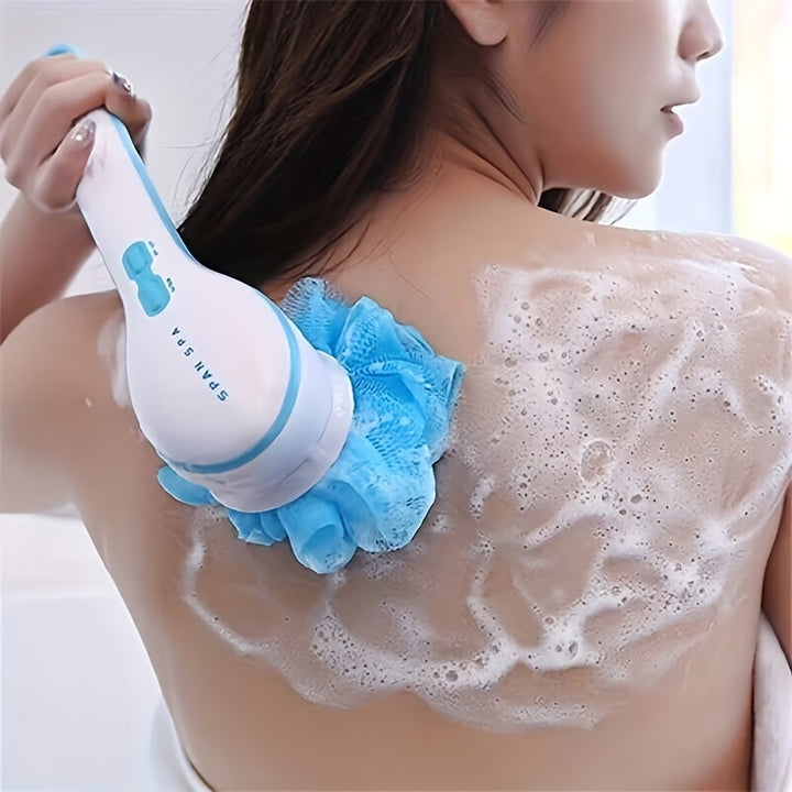 Brosse de bain électrique avec long manche, gommage corporel à poils doux, brosse de douche exfoliante pour un nettoyage en profondeur et un massage de la peau, alimentée par batterie sèche, sans batterie incluse.