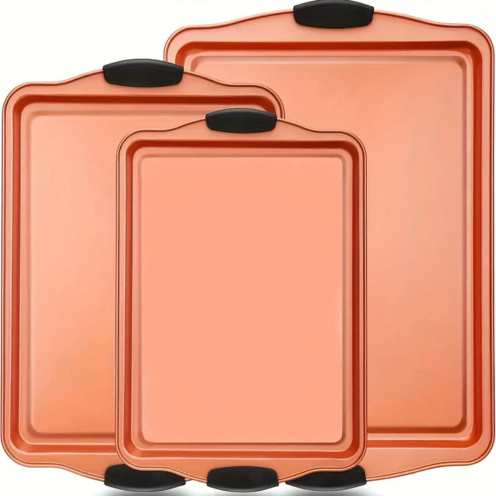 3 pièces de plat à four en acier au carbone antiadhésif, luxueux et à la mode à l'intérieur et à l'extérieur, plat de cuisson en métal de qualité restaurant de niveau commercial, avec poignée en silicone rouge.