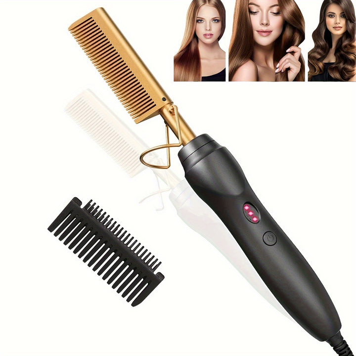 Hot Comb Hair Straightener Portable Ceramic Curler, Copper Hot Comb Heat Press Curl/Straight Hair Styling Brush for Hair Beard Wig Wet and Dry Hair Styling Tools