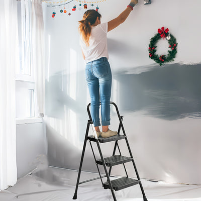 Foldable Metal Step Stool Ladder | Black Steel with Wide Anti-Slip Pedal | 3-Step Design, Lightweight & Portable | Sturdy Construction for Home & Office Use | Ideal for Festive Decorations & DIY Projects | Supports up to 800l