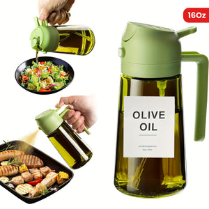 16oz Olive Green Glass Olive Oil Dispenser - 2-in-1 Oil Bottle and Cooking Sprayer with Auto Flip Cap and Label Stickers (Light Blocking)
