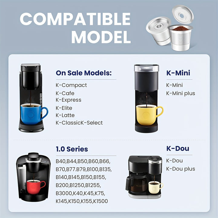 2pcs Premium Stainless Steel Reusable K-Cup Coffee Pods, 1.0 Compatible - High-Quality & Durable with 360° Perforated Brewing Design for Optimal Flavor Extraction, Rust-Resistant with Sealing Rubber Ring, Ideal for Home & Of