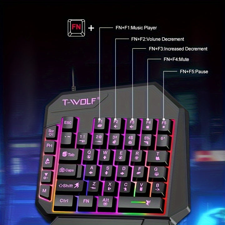 T-WOLF RGB Backlit 35 Key Portable Mini Gaming Keyboard, Ergonomically Designed Game Controller, Specially Designed for PC Players with One Handed Gaming Keyboard, Throne Left Hand Small Keyboard, Mobile Phone One Handed Keyb