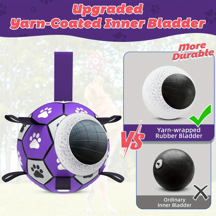 Purple and Black Durable Rubber Interactive Dog Soccer Ball Toy - Paw Print Design, Straps for Tug-of-War, Ideal for Small to Large Breeds, Indoor & Outdoor Play