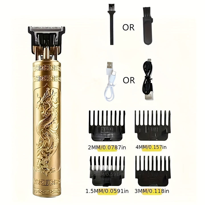 USB Rechargeable Hair Clipper with Golden Dragon Engraving, Cordless Portable Trimmer for Barbers and Personal Grooming, Lithium Battery Operated ≤36V, Includes Guide Combs and USB Cable