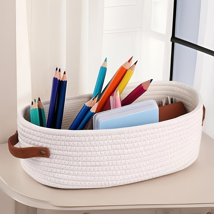 1pc Beige Woven office items Storage Basket with Handles - desktop Multifunctional Organizer for Toilet Top, office Desktops, or Bathroom Essentials, Stylish and Durable Home Decor Accessory