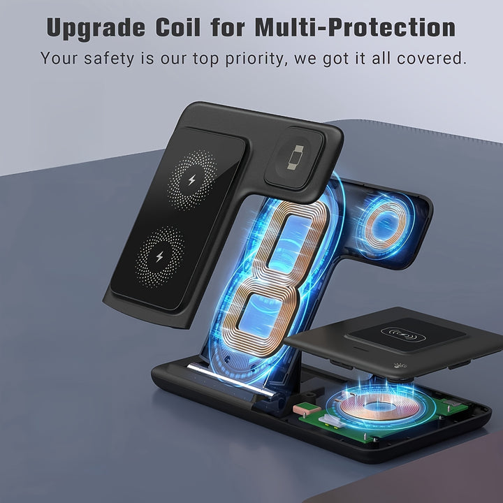 [Mingmai Wireless Charger] Mingmai 3-in-1 Folding Wireless Charging Station | for iPhone 15, 14, 13, 12, 11/Pro/Max/Mini/Plus, AirPods 3/2/Pro, and Apple Watch 1-9 - Magnetic USB Charging Base with LED Indicator, Black, iPhon