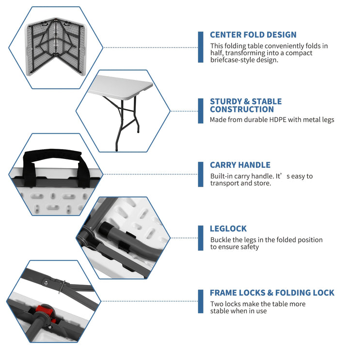 Table pliante en plastique 4ft/6ft, table à manger portable intérieure extérieure avec poignée de transport, verrous - Blanc