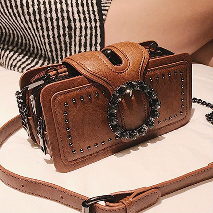 Retro Black Multi-layer Clutch Bag - Rivet Motorcycle Chain Shoulder Bag for Mobile Phone - Small Square Bag