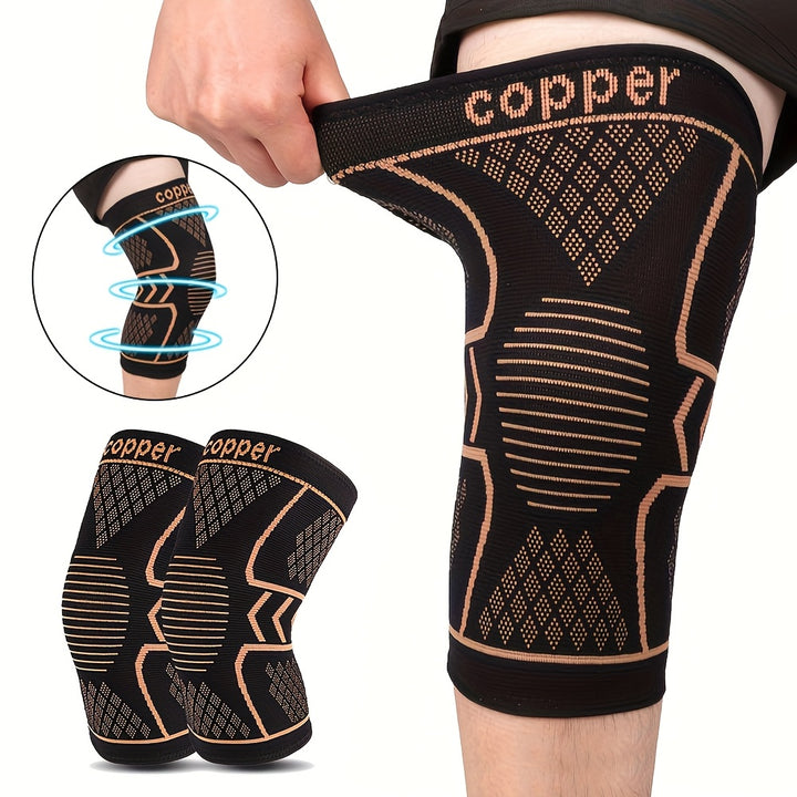 2pcs Copper Compression Knee Sleeves For Sports - High Elastic Non-slip, Breathable Knit, Supportive & Elastic, Suitable For Outdoor Sports, Running, Fitness, Various Ball Games, Basketball & Athletic Injury Prevention, Very