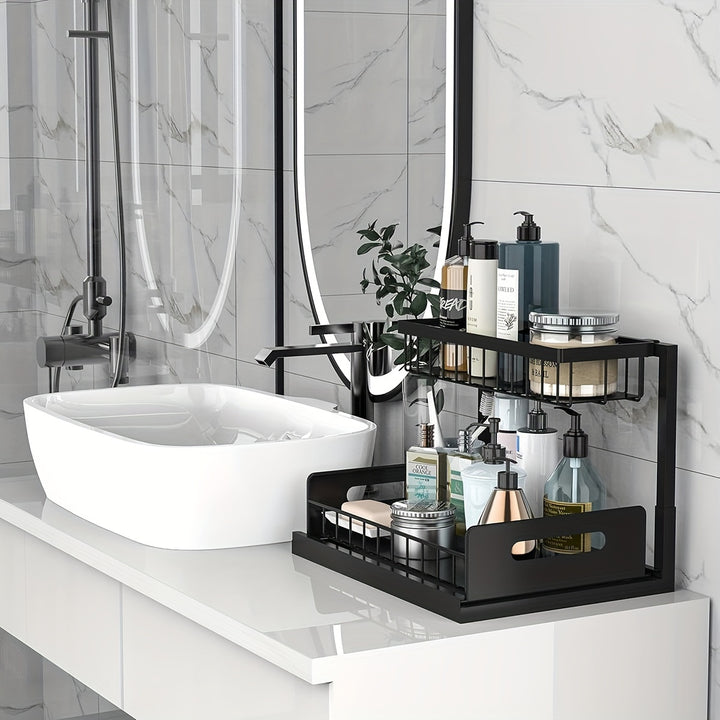 Two-Level Organizers for Under The Sink, Featuring a Sliding Pull-Out Shelf Made of Metal
