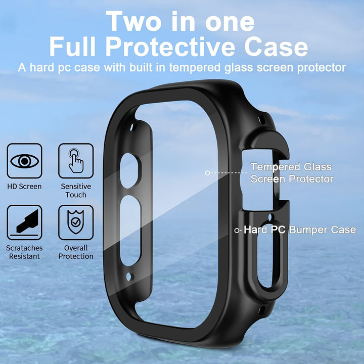 Coque en PC dur ultra-mince et cristal clair avec protecteur d'écran en verre trempé HD pour Apple Watch Series Ultra/10/9/8/7/6/5/4/SE - Bumper à couverture complète résistant aux rayures