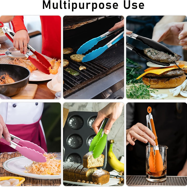 3pcs / 7pcs Kitchen Tongs, 7 Inch Small Silicone Tongs with Stainless Steel Silicon Handles and Nylon Tips, Heat Resistant Non-Stick Cooking Tongs, Mini Locking Food Tongs for Cooking Salad Grilling and Frying