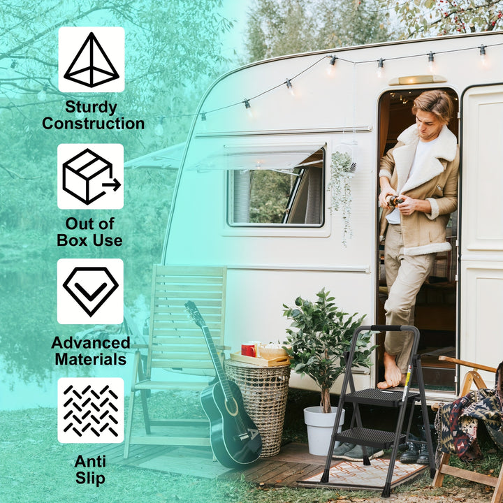 Échelle pliante robuste 2/3 marches avec capacité de 800 lbs - Escabeau avec poignée de confort - Idéal pour la maison, la cuisine et le bureau