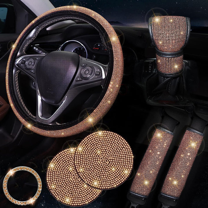 Bling Car Accessories for Women, Bling Steering Wheel Cover Bling Car Coasters Bling Set Seat Belt Shoulder Pads Ring Emblem Sticker Gear Shift Cover