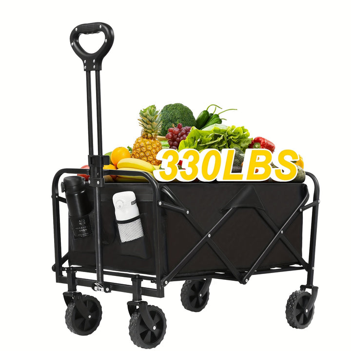 Versatile Heavy-Duty Beach Trolley - Foldable, 4-Wheel Cart with Lockable All-Terrain Wheels & Side Pockets, Large Capacity for Shopping, Sports, Camping