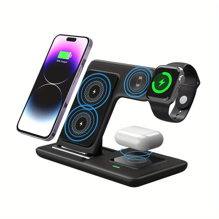 [Mingmai Wireless Charger] Mingmai 3-in-1 Folding Wireless Charging Station | for iPhone 15, 14, 13, 12, 11/Pro/Max/Mini/Plus, AirPods 3/2/Pro, and Apple Watch 1-9 - Magnetic USB Charging Base with LED Indicator, Black, iPhon