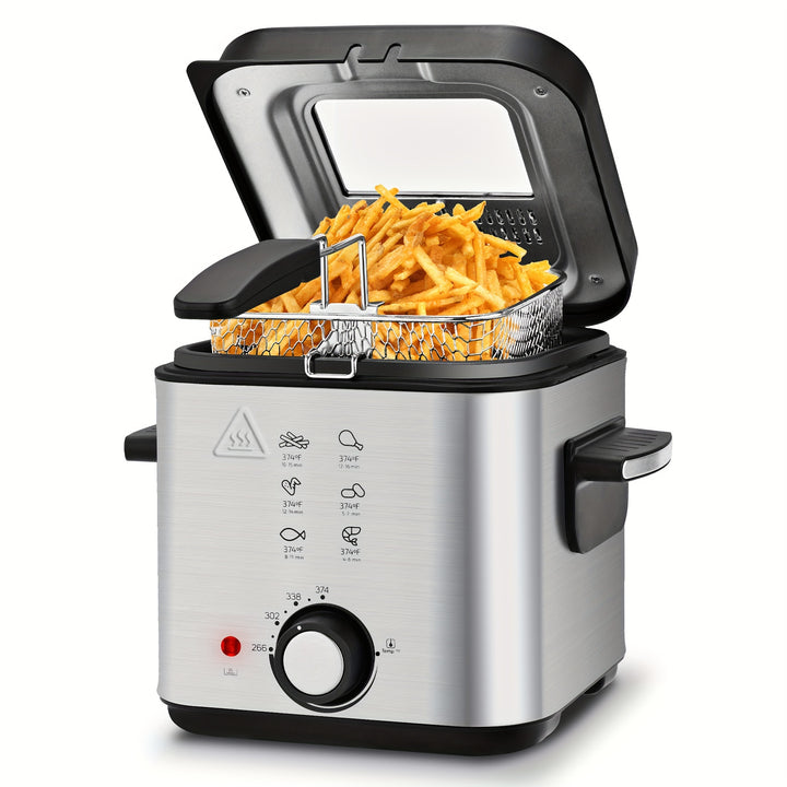 Friteuse Électrique SUSTEAS 1500W avec Panier - Acier Inoxydable, Pot Intérieur Antiadhésif, Couvercle Amovible, Contrôle de Température et Design Facile à Nettoyer pour Frites Maison Croquantes et Plus, Panier de Friteuse