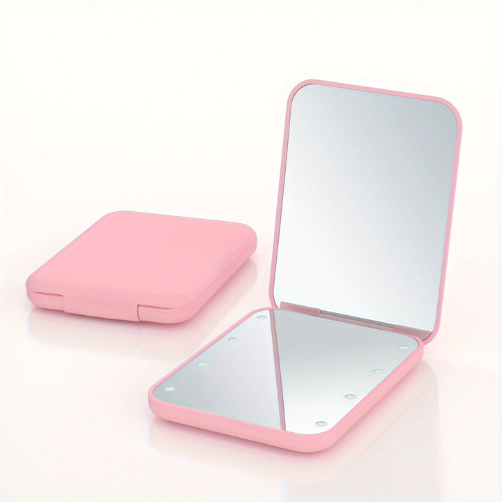 1X/3x Magnified LED Mini Travel Makeup Mirror, Compact, Double-Sided, Portable, Folding, Hand-Held, Small Lighting, Unscented, Plastic Surface, Non-Rechargeable Button Battery (Diameter≥20mm) Power, Varnished Plastic Frame,