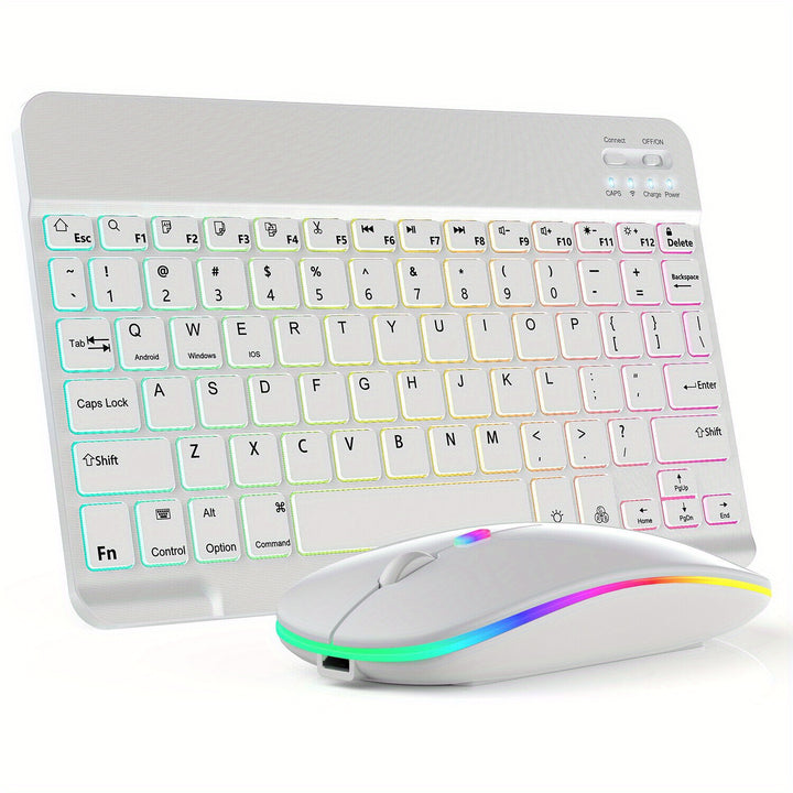 Conjunto de teclado y ratón gaming inalámbrico RGB retroiluminado de 10 pulgadas, combo de teclado y ratón portátil para PC, iOS, tabletas Android y computadoras.