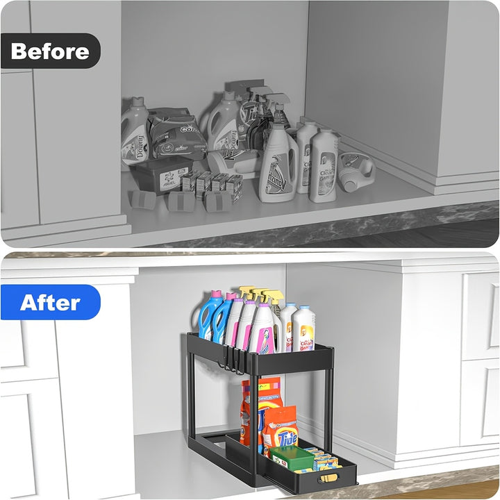 Under Sink Organizer 2 Pack, Bathroom Cabinet Organizer, 2 Tier Sliding Cabinet Basket Organizer Drawer, Multi-Purpose Bath Collection Baskets