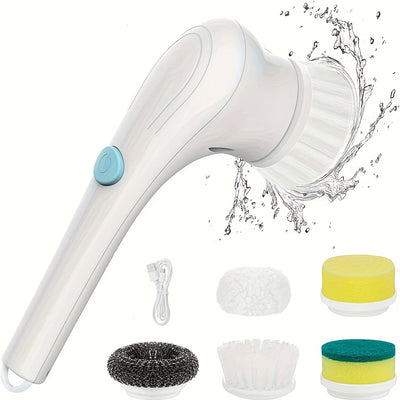 A Cordless Handheld Cleaning Brush with 5 Interchangeable Brush Heads, a Portable Rotating Scrubber, Suitable for Use in Bathrooms, Bathtubs, Wall Tiles, Floors, And Kitchens.