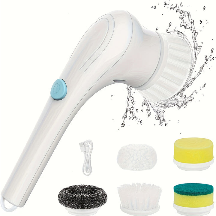 A Cordless Handheld Cleaning Brush with 5 Interchangeable Brush Heads, a Portable Rotating Scrubber, Suitable for Use in Bathrooms, Bathtubs, Wall Tiles, Floors, And Kitchens.