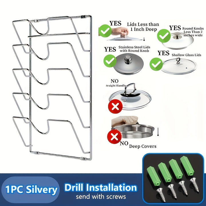 1 Pc of a Sturdy Metal Organizer for Hanging Pot Lids, Designed As a Multi-Level Wall-Mounted Storage Solution for Pots And Lids