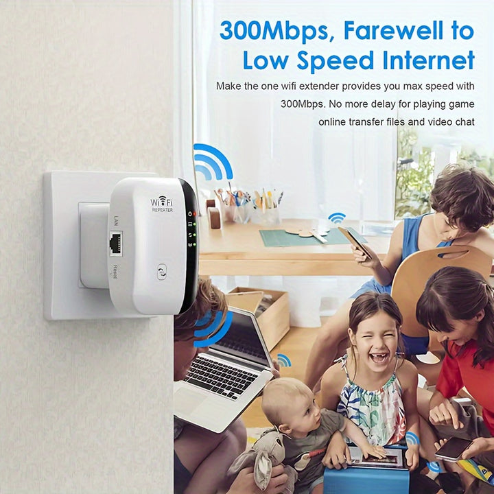 1pc Ourlife N300 WiFi Extender - Amplify Your Internet Range up to 2640sq.ft, Long-Range Signal Booster with Ethernet Port, Easy One-Tap Setup, Alexa Compatible - Modern Wireless Internet Amplifier for Home and Office, Europe