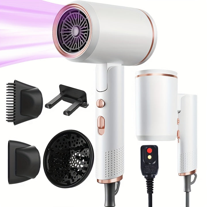 Professional Ionic Hair Dryer Blow Dryer with Diffuser and Concentrator and Hanging rack for Curly Hair Negative Ions Dryer with Ceramic Technology Nozzle for Fast Drying as Salon Light and Quiet, Folding Travel